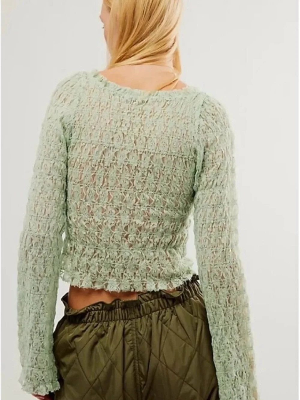 Free People Mint Lace Long-Sleeve Cropped Cardigan